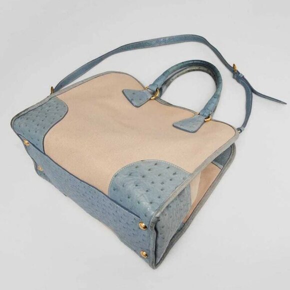 Prada Natural Canvas and Blue Ostrich Tote Bag BN2254 - Picture 2 of 12